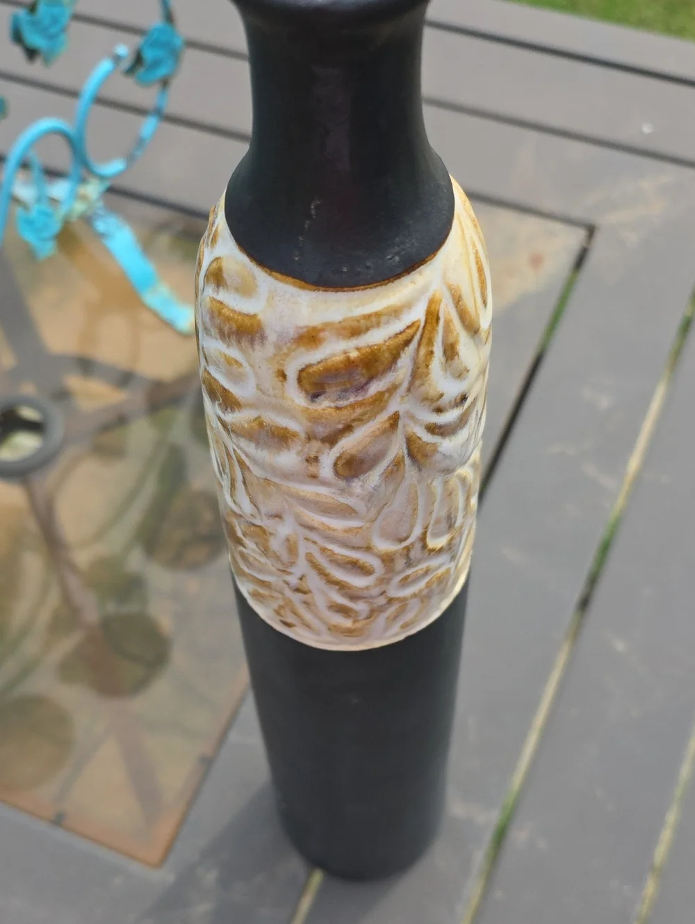 Source Unknown Black and Cream Carved Column Vase